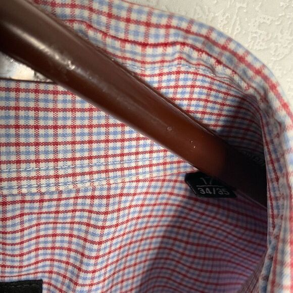 HUGO BOSS BLACK LABEL DRESS SHIRT SHARP FIT SPREAD COLLAR PLAID REDBLUE 17 34/35 - Picture 3 of 10